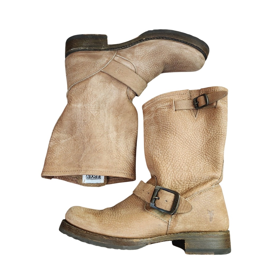 Frye Women's Tan Leather Mid-Calf Heeled Buckle Boots